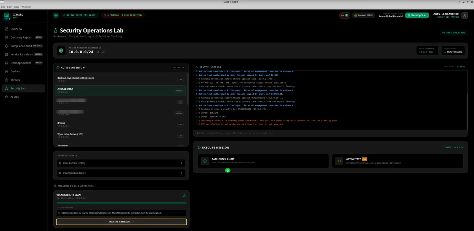 Citadel Audit authorised active test screen