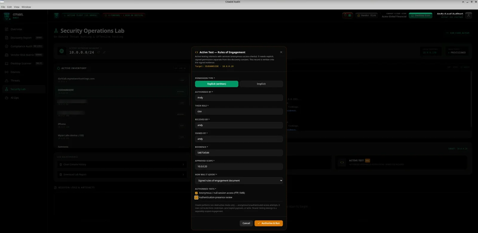 Citadel Audit rules of engagement screen