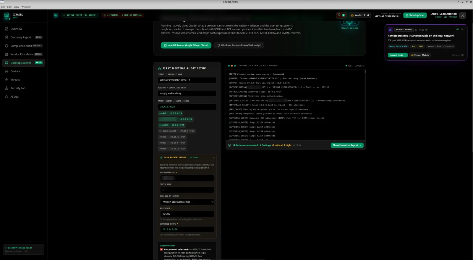 Citadel Audit native on linux screen