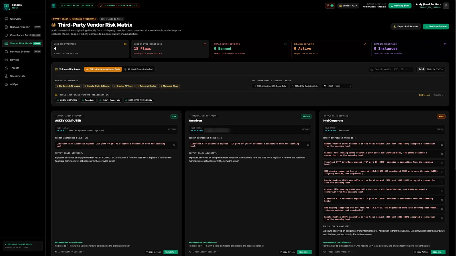 Citadel Audit vendor risk matrix screen