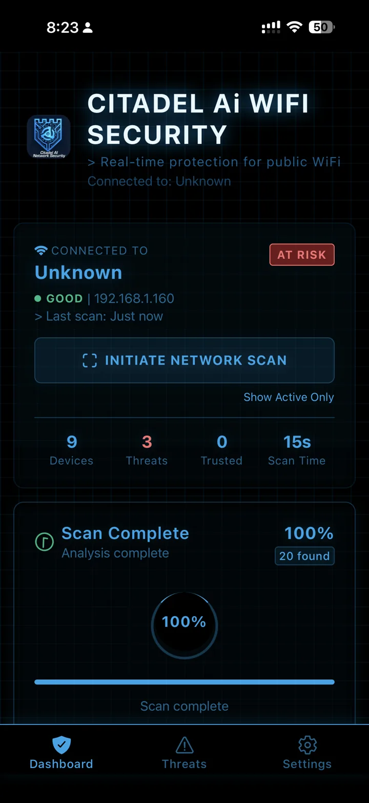 Citadel dashboard: connected network marked AT RISK, 9 devices and 3 threats found in 15 seconds