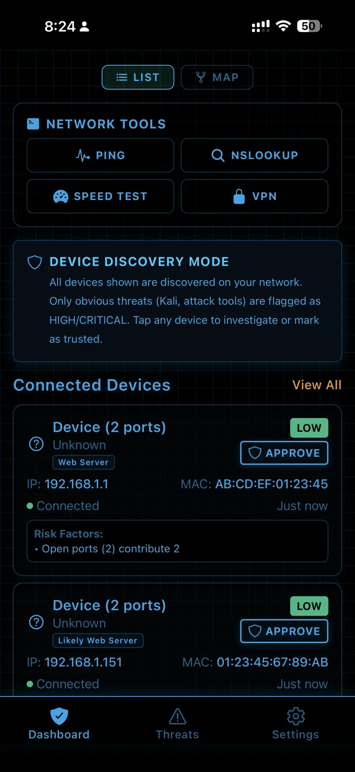 Citadel device list with approve buttons, risk badges and built-in network tools