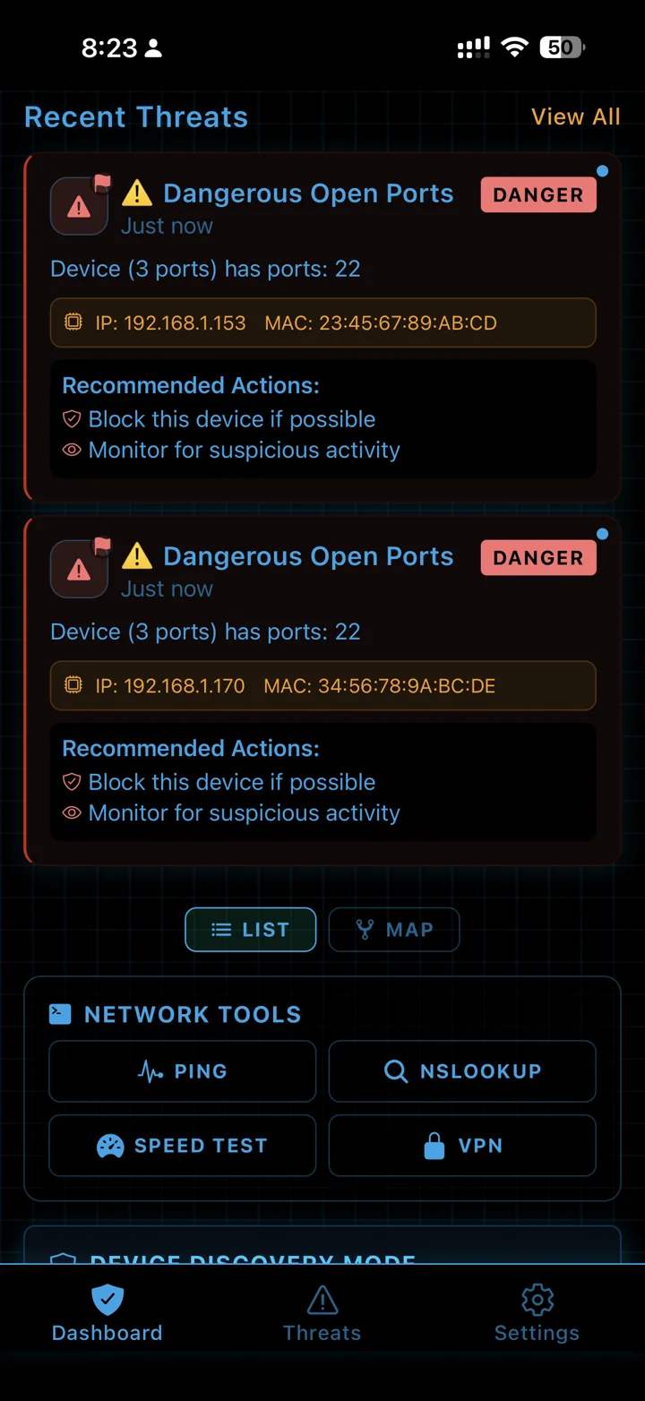 Citadel threats tab listing dangerous open ports with recommended actions