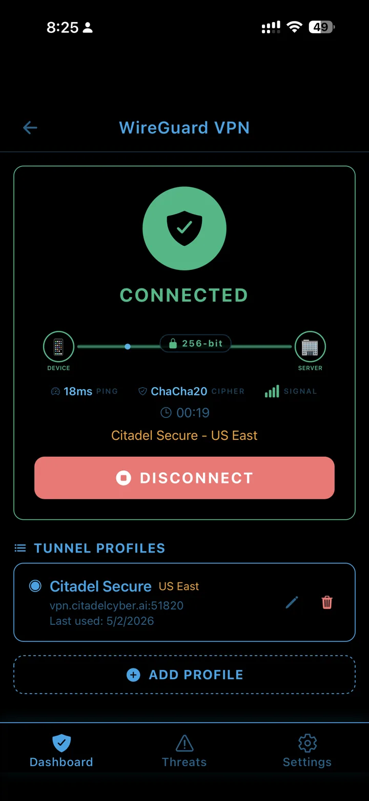 Citadel VPN connected on US East, ChaCha20 shown on screen