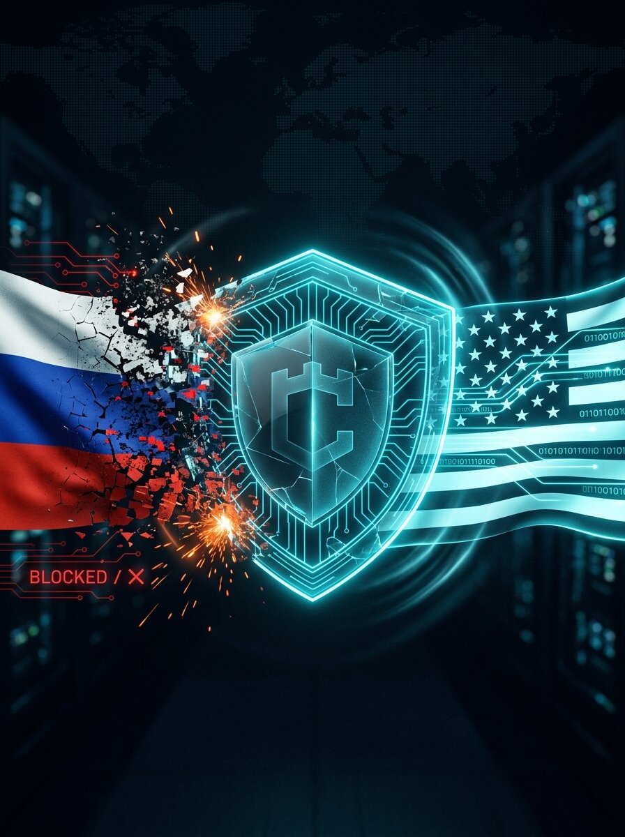 Citadel VPN shield deflecting a shattering Russian flag marked BLOCKED, with U.S. flag and network circuitry — app banned in Russia by Roskomnadzor
